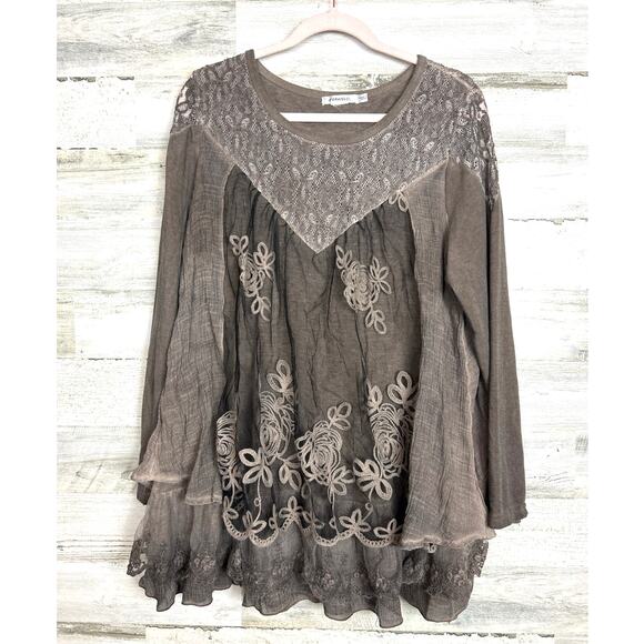 Feratelli Tops - Feratteli Womens Medium Brown Boho Embroidered Lace Cotton Tunic Top